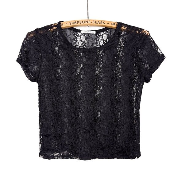 Antistar Womens Small Lace Crochet  Cropped Black T-Shirt Top Festival - Picture 1 of 4